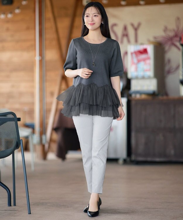 Tiaclasse チュールフリルドッキングニットトップス チャコールグレー