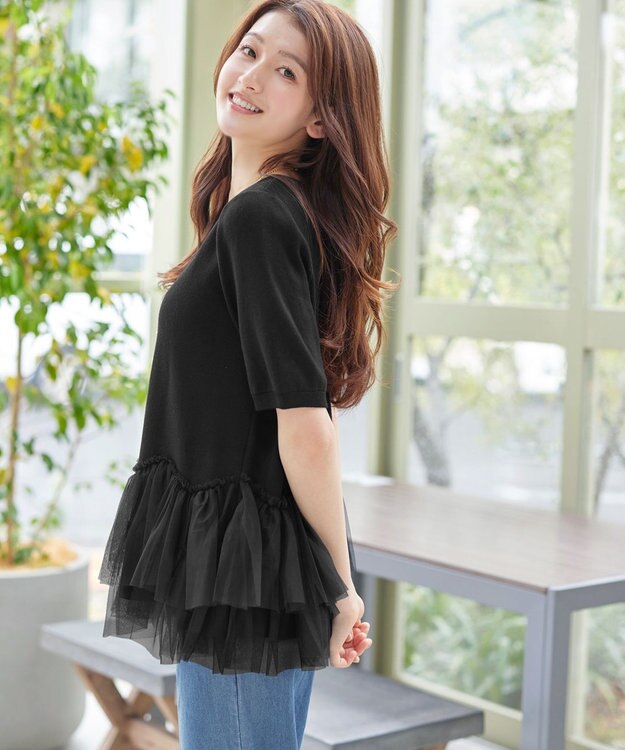 Tiaclasse チュールフリルドッキングニットトップス ブラック