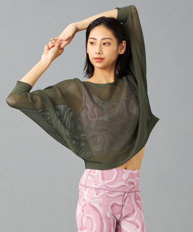 Chacott 【ノーソーイングニット】7分袖メッシュニットTシャツ カーキ