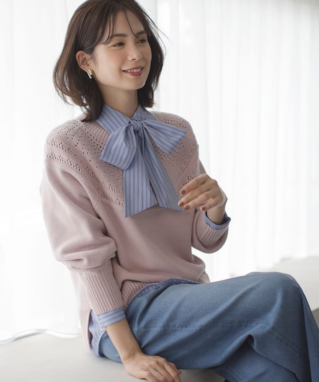 組曲 L 【ボウタイ付き】コンパクトシャーティング ストライプシャツ ブルーストライプ系1