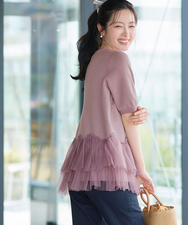 Tiaclasse チュールフリルドッキングニットトップス モーヴピンク
