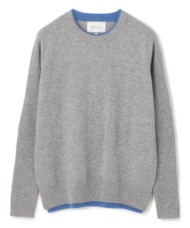 BEIGE， 【洗える】POMPE / ウールカシミヤ配色リブクルーネック  L Gray×Sax