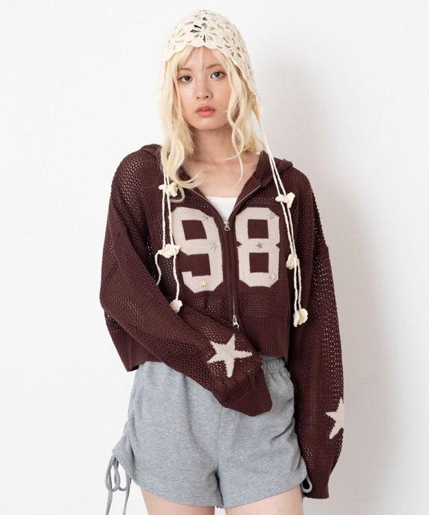 WEGO ナンバリングメッシュニットパーカー ブラウン
