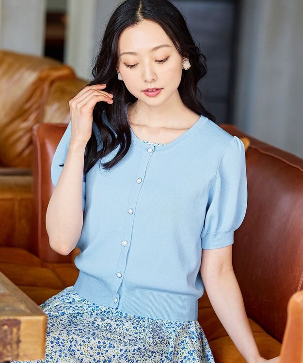 Tiaclasse L 【洗える】ひんやり心地良いパフ袖ニットカーディガン サックス