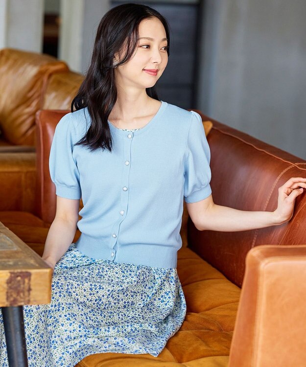 Tiaclasse L 【洗える】ひんやり心地良いパフ袖ニットカーディガン サックス