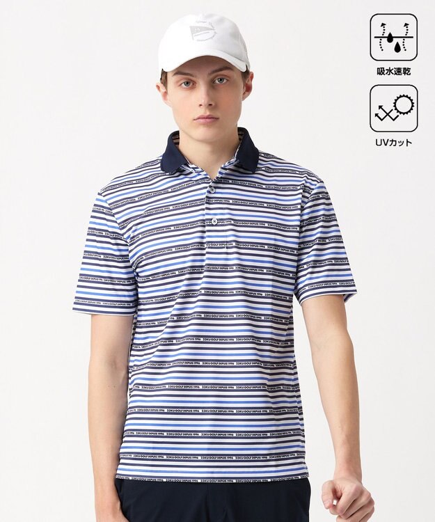 23区GOLF 【MEN】【吸水速乾・UVケア】ボーダーロゴ 半袖シャツ ネイビー系1
