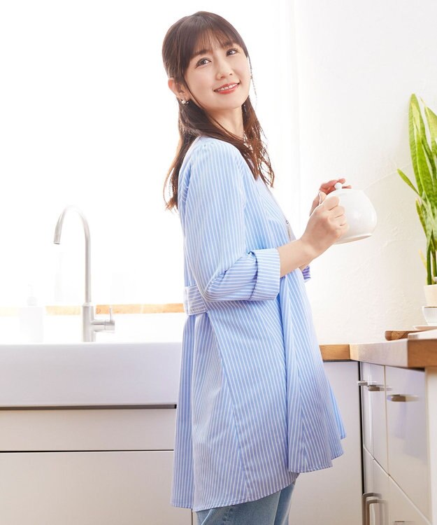 Tiaclasse L 【小倉優子さん着用・選べる袖TYPE・洗える】バックフレアチュニック 七分袖サックスストライプ