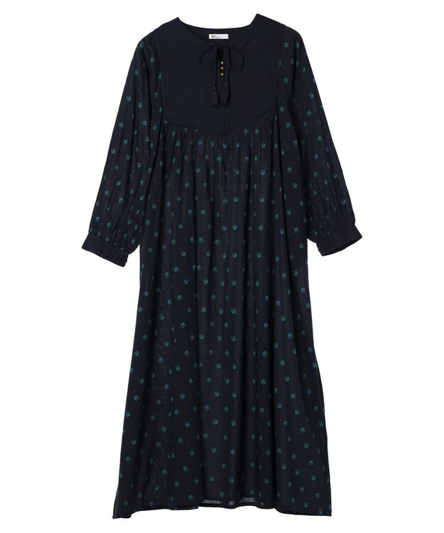 CRAFT STANDARD BOUTIQUE インド綿混キルト切替花柄ワンピース Navy
