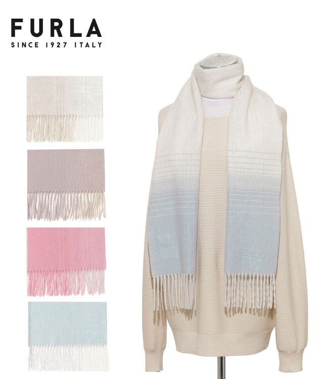 MOONBAT FURLA(フルラ）ウール100％ オンブレー チェックマフラー ペールスカイ