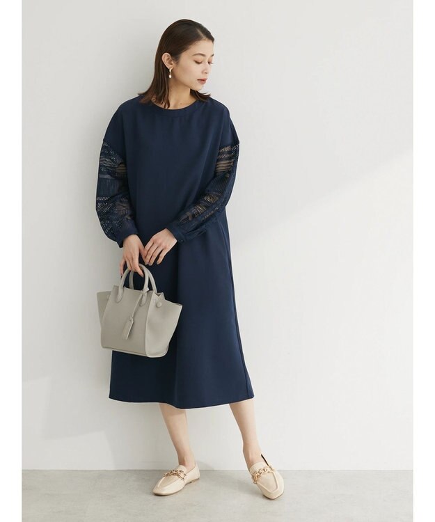 Green Parks 洗える袖レースワンピース Navy
