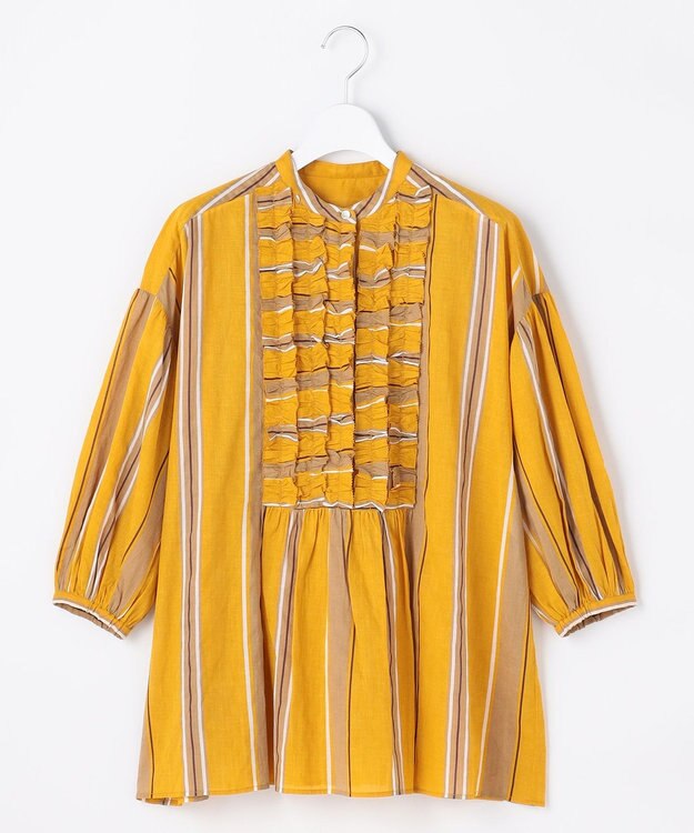 自由区 L 【着映える・涼やか】コットンストライププリントフリル ブラウス イエローストライプ