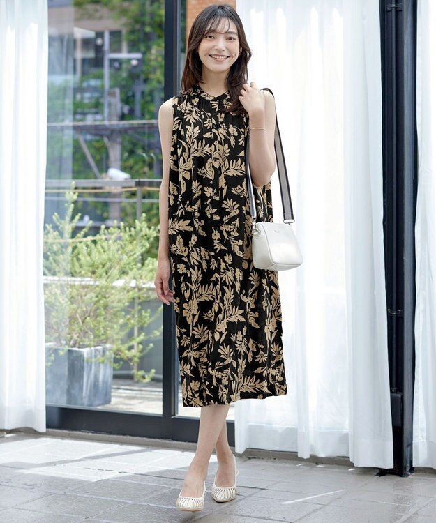 Tiaclasse 【洗える】麻レーヨンボタニカルシャツワンピース ブラック