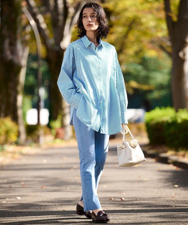 UNFILO 【洗える】イージーケア オーバーシャツ グリーン×ホワイト