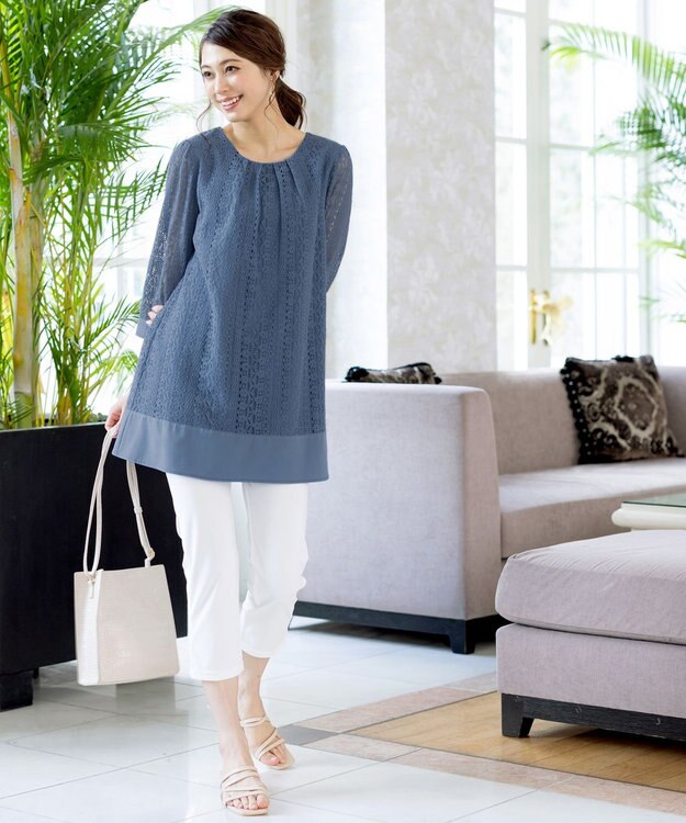 Tiaclasse L 【洗える】レースコンビチュニックブラウス ブルー