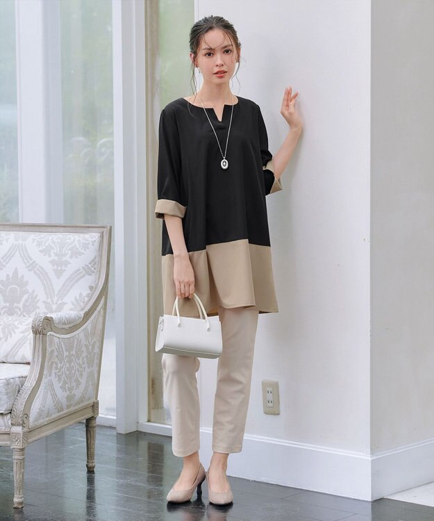 Tiaclasse L 【新色追加】バイカラーチュニック ブラック×ベージュ