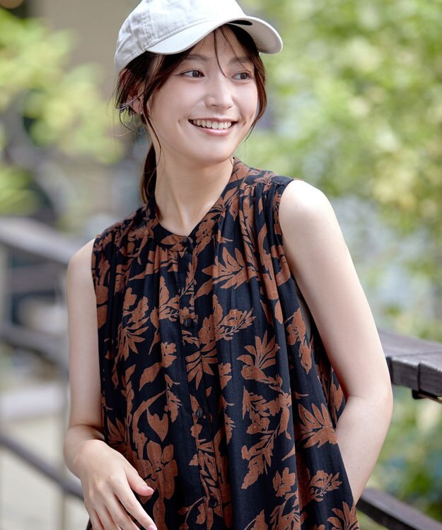 Tiaclasse 【洗える】麻レーヨンボタニカルシャツワンピース ブラウン