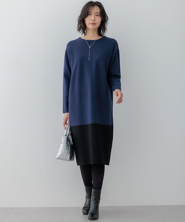 23区 S 【WEB&一部店舗限定カラーあり/洗える】ミラノリブ バイカラーニットワンピース ネイビー×ブラック