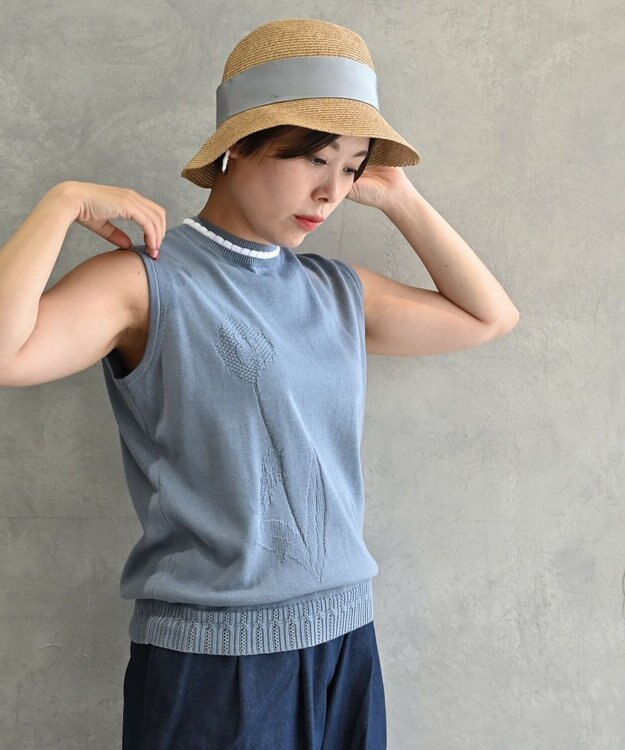 muuc 〈細番手の高級綿糸コットンコーマ糸〉〈洗練された繊維の滑らかな肌触り〉〈お家で洗えるニット〉模様編み ポピーの花リンクス編み ノースリーブブルオーバー ブルー