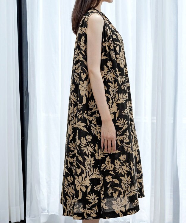 Tiaclasse 【洗える】麻レーヨンボタニカルシャツワンピース ブラック