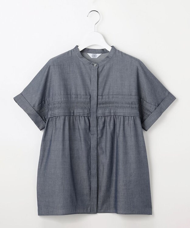J.PRESS LADIES シアーデニム フレンチスリーブ ブラウス ブルーシャンブレー系