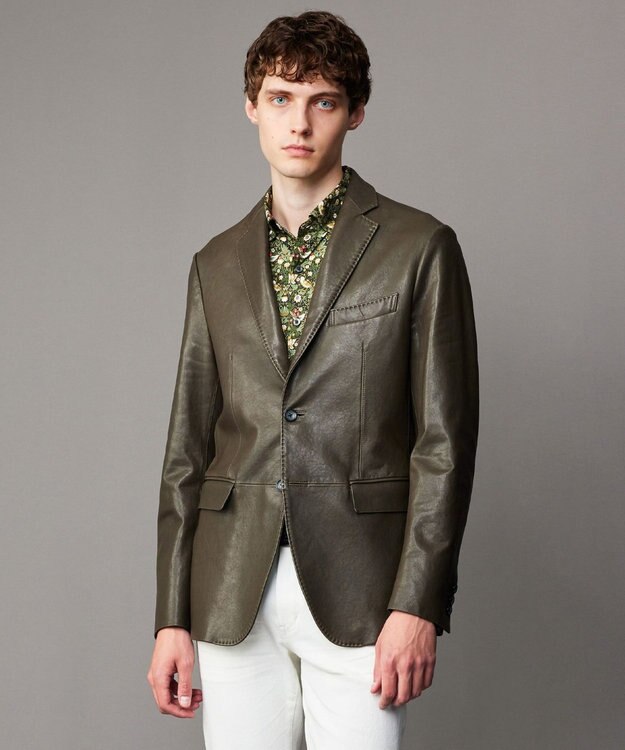 JOSEPH ABBOUD 【長く育てたいサスティナブルなレザー】ベジタブルラムレザージャケット オリーブ系
