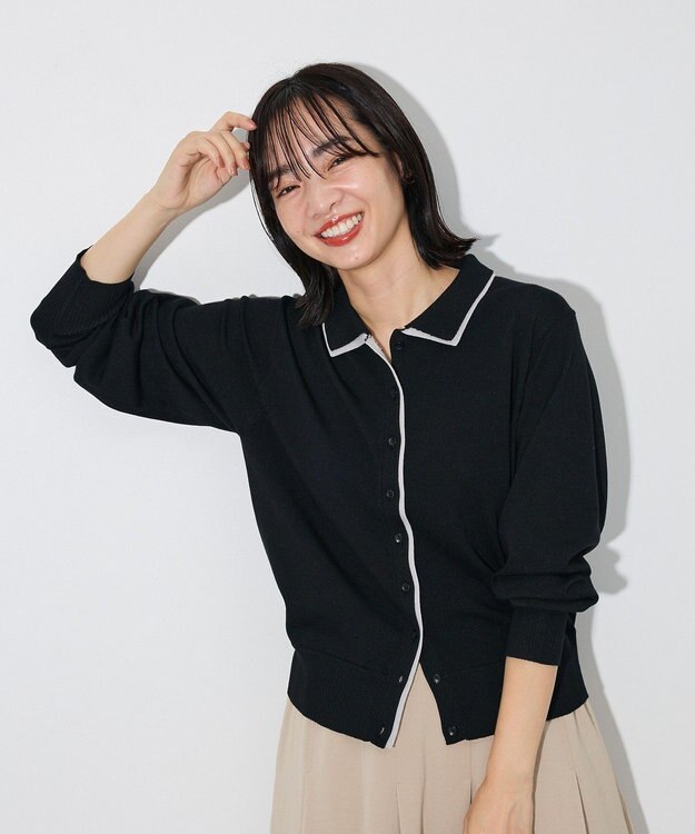 Green Parks ここちニット衿付き配色プルオーバー Black