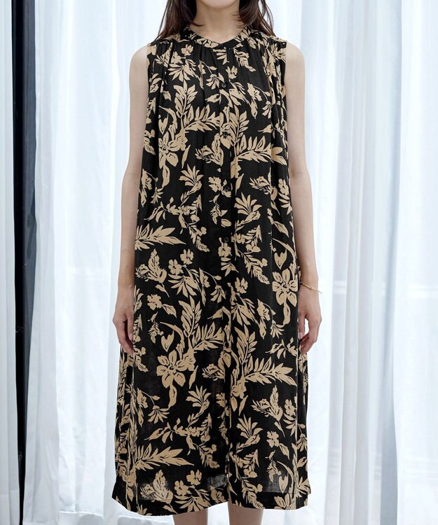 Tiaclasse 【洗える】麻レーヨンボタニカルシャツワンピース ブラック