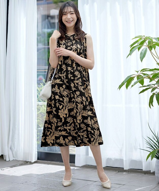 Tiaclasse 【洗える】麻レーヨンボタニカルシャツワンピース ブラック