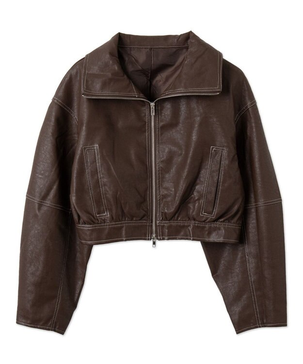 WEGO 配色ステッチWZIPショートブルゾン ブラウン