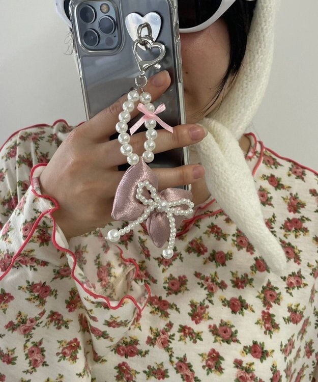 WEGO ダブルパールリボンキーホルダー ピンク