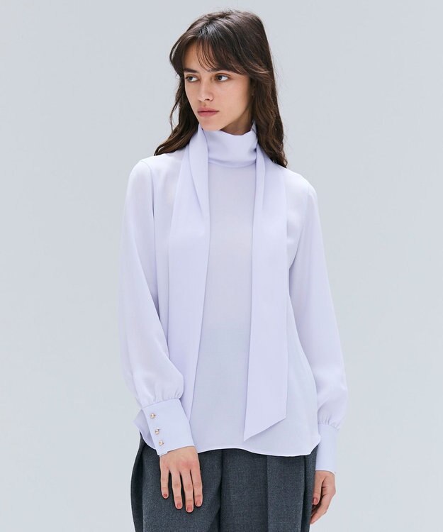 BEIGE， 【洗える】STOW / パフスリーブボウタイブラウス Lilac