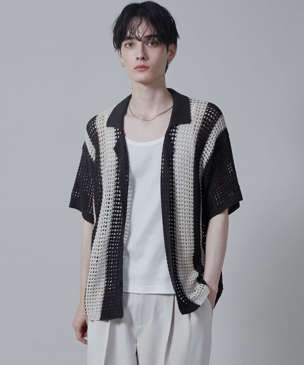 WEGO マルチストライプニットシャツ（S） ダークグレー