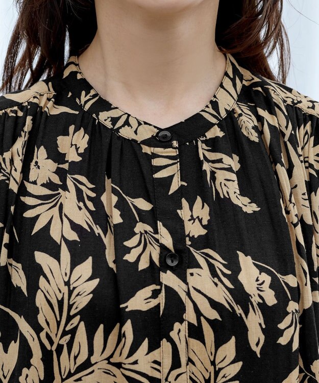 Tiaclasse 【洗える】麻レーヨンボタニカルシャツワンピース ブラック