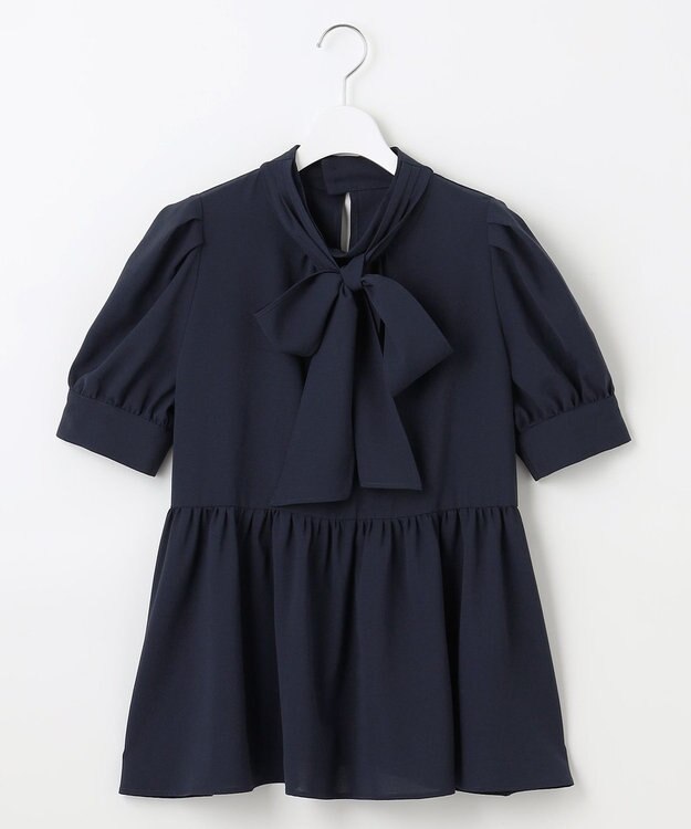 Feroux 【洗える】ペプラム ボウタイブラウス ネイビー系