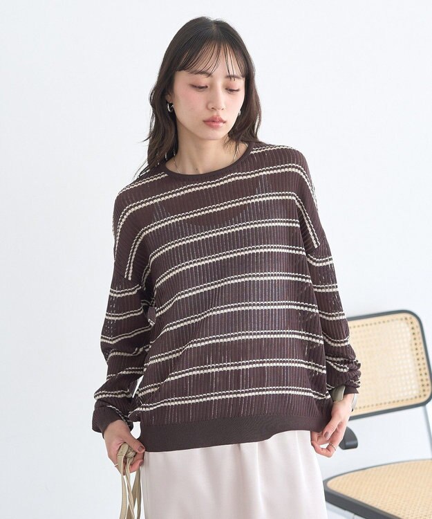 earth music&ecology ボーダーニットプルオーバー Brown