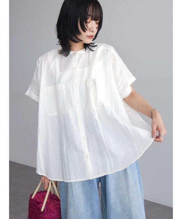 Green Parks インド綿  バンドカラーデザイン５分袖シャツ Off White