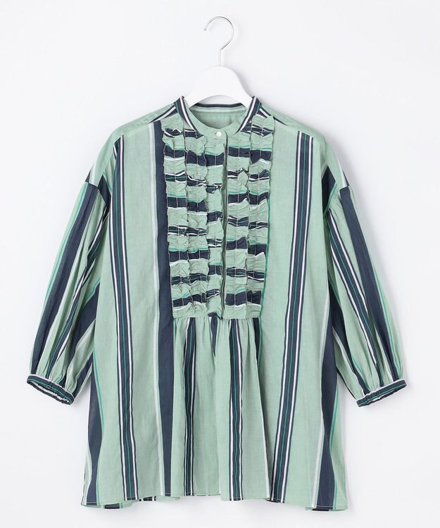 自由区 L 【着映える・涼やか】コットンストライププリントフリル ブラウス グリーンストライプ