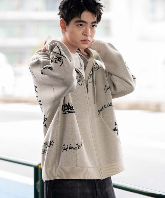 WEGO ジャガードグラフィックニットZIPパーカー ホワイト