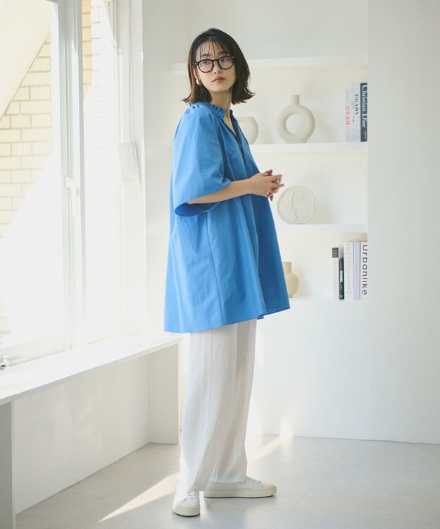 #Newans 【ANSWER for 骨格ナチュラル】ギャザーネックフレアスリーブチュニック ブルー系