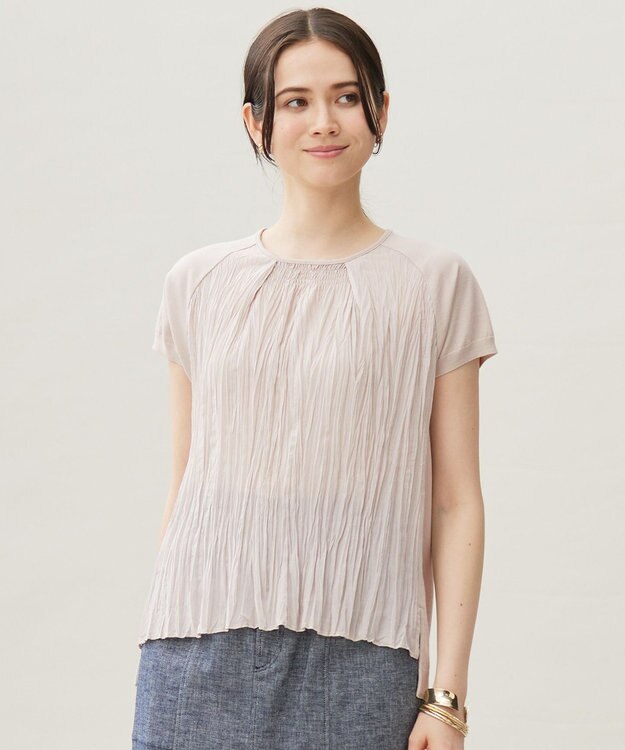 自由区 S 【洗える】ジョーゼットプリーツコンビ カットソー サンドベージュ