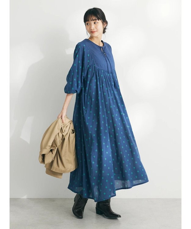 CRAFT STANDARD BOUTIQUE インド綿混キルト切替花柄ワンピース Blue