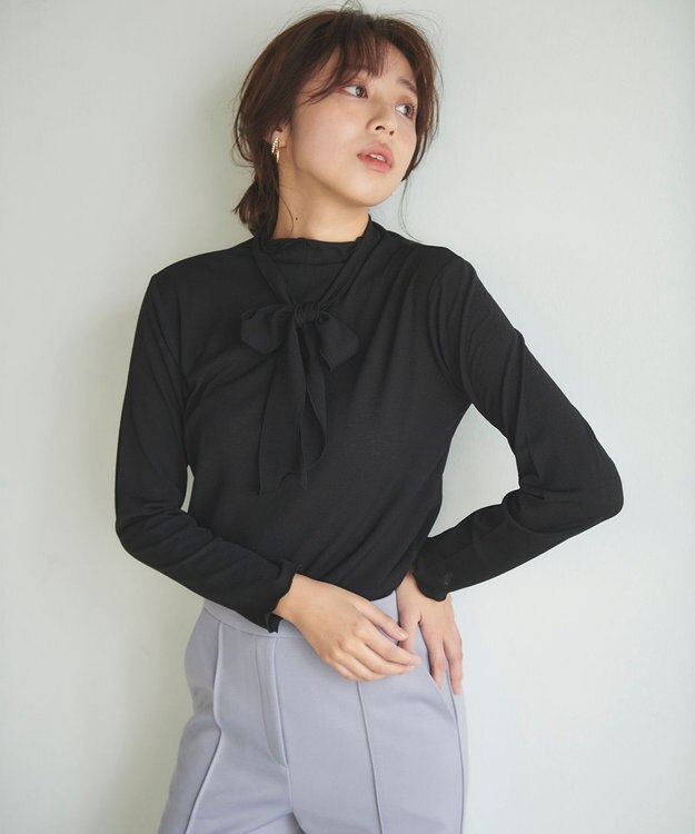 Feroux 【2WAY・洗える】リボンタイシアータートル カットソー ブラック系