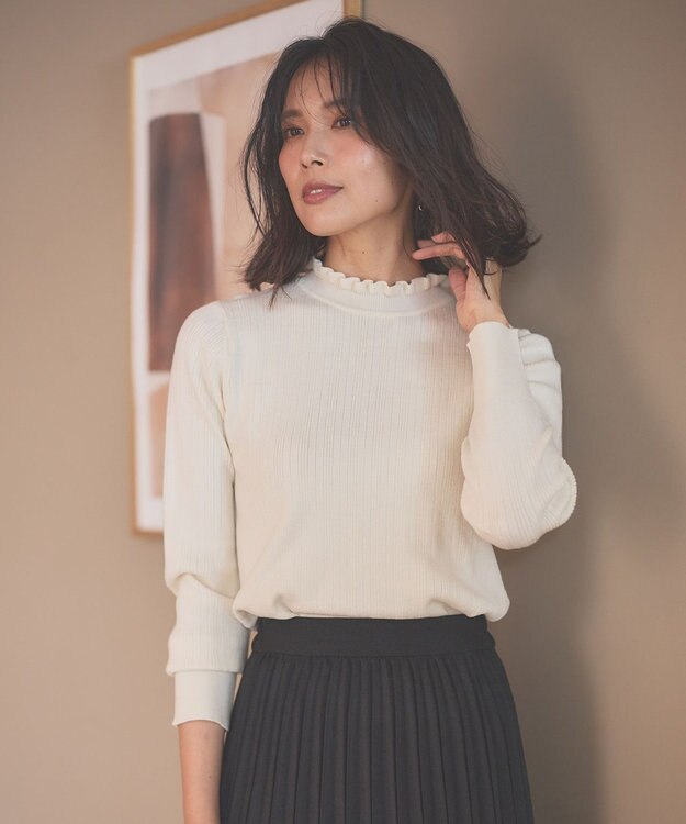 ANY 【洗濯機可/吸湿発熱】フリルネックリブニット オフ