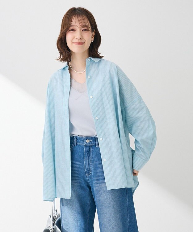 Green Parks 綿麻混レギュラーカラーＢＩＧシルエットシャツ Stripe Blue