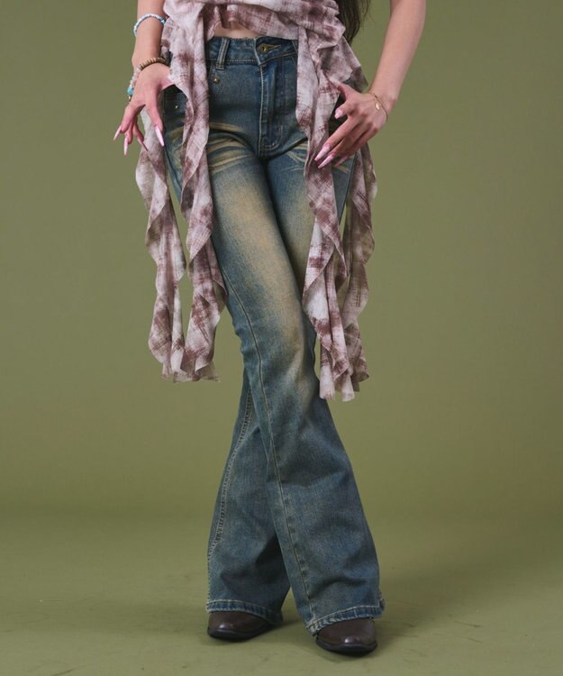 WEGO ブラストスタッズフレアデニム デニム中濃色