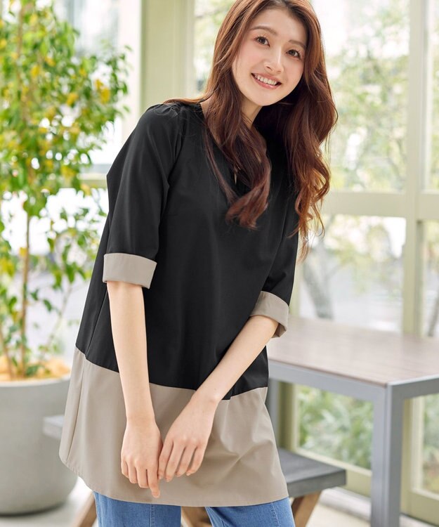 Tiaclasse L 【新色追加】バイカラーチュニック ブラック×ベージュ