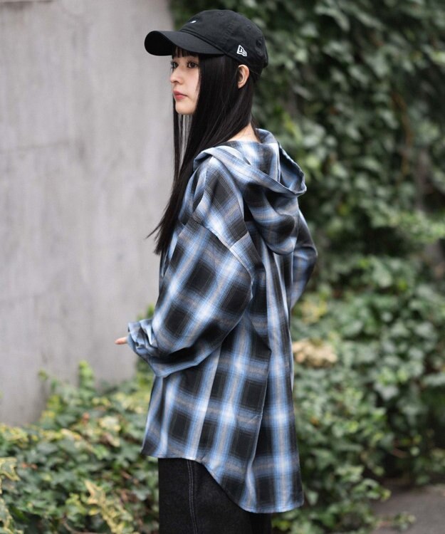 WEGO フードチェックシャツ サックス