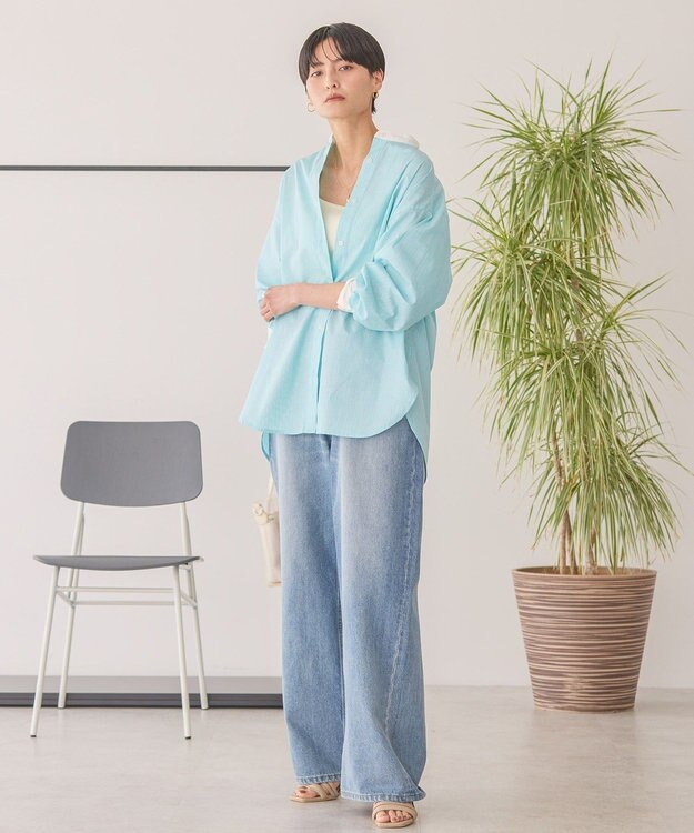 AMERICAN HOLIC イージーケアバンドカラーロングシャツ Stripe Green