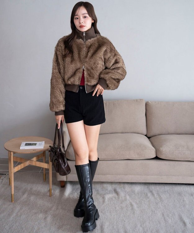 WEGO 【25年秋冬新作】フェイクファーショートブルゾン ブラウンその他