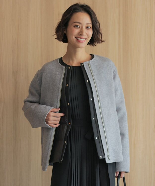 J.PRESS LADIES L ウールナイロンリバー ノーカラー コート ライトグレー系